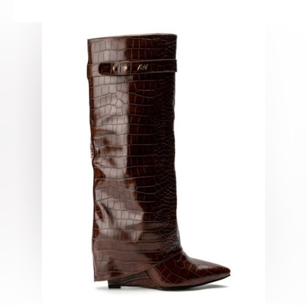 Azalea Wang Brown Vegan Leather Fold Over Knee High Wedge Boots
